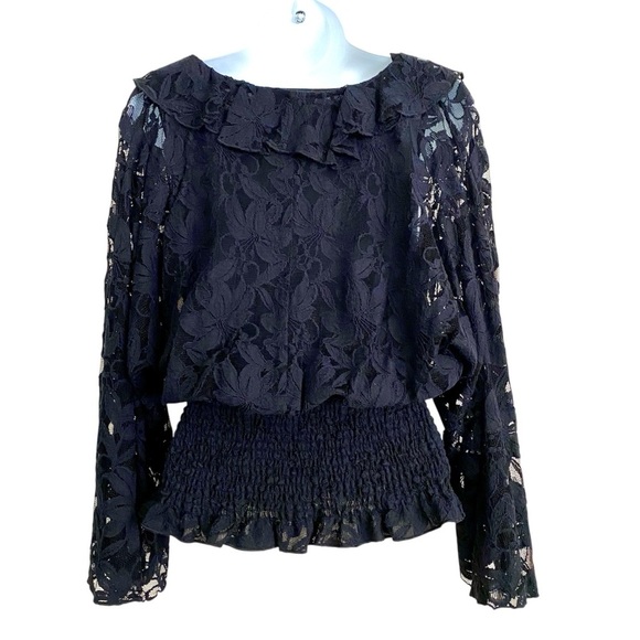 Sunny Leigh Black Lace Blouse Size Medium Smocked Waist Long Sleeve Top - Picture 3 of 14